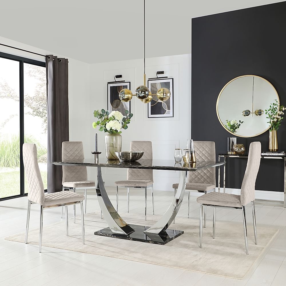 Peake Dining Table & 6 Renzo Chairs, Black Marble Effect & Chrome, Champagne Classic Velvet, 160cm