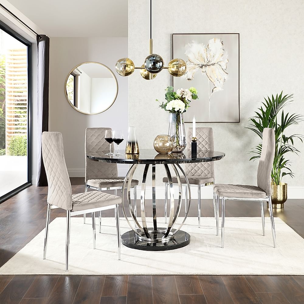Savoy Round Dining Table & 4 Renzo Chairs, Black Marble Effect & Chrome, Champagne Classic Velvet, 120cm