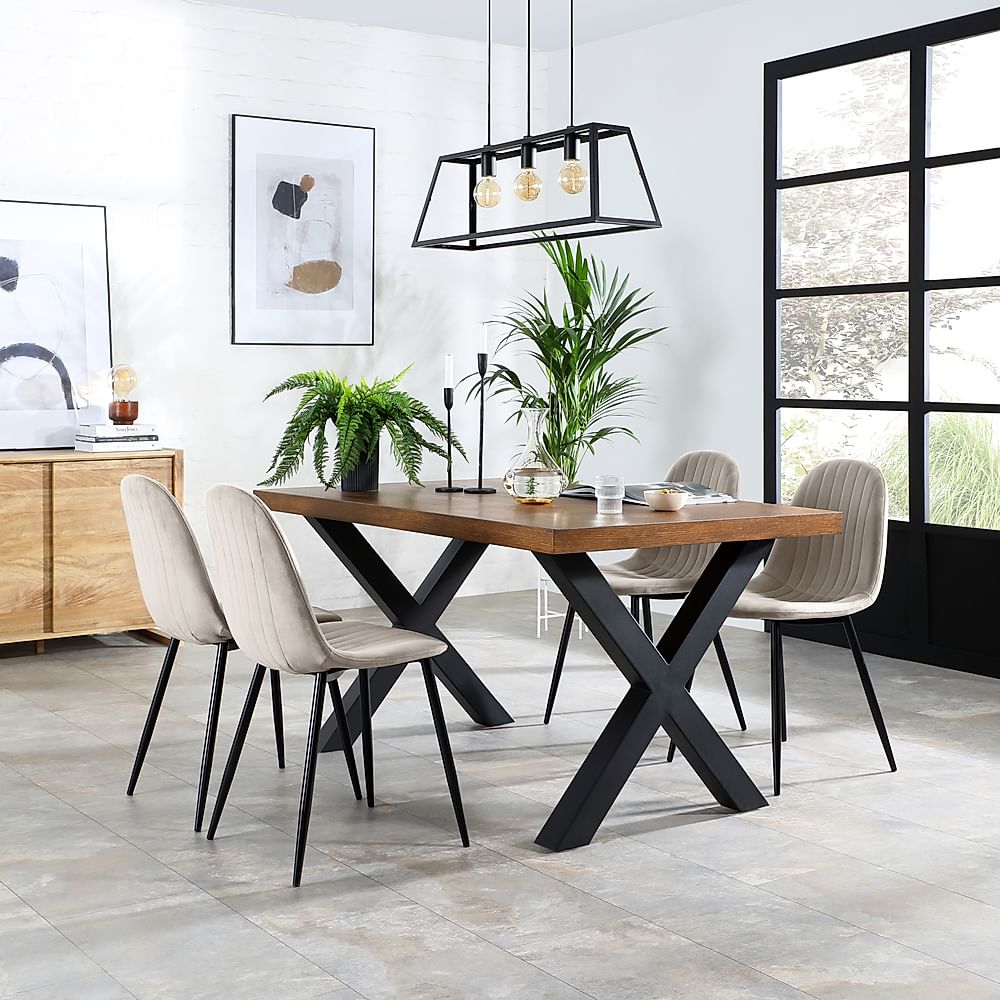 Franklin Industrial Dining Table & 4 Brooklyn Chairs, Dark Oak Veneer & Black Steel, Champagne Classic Velvet, 150cm