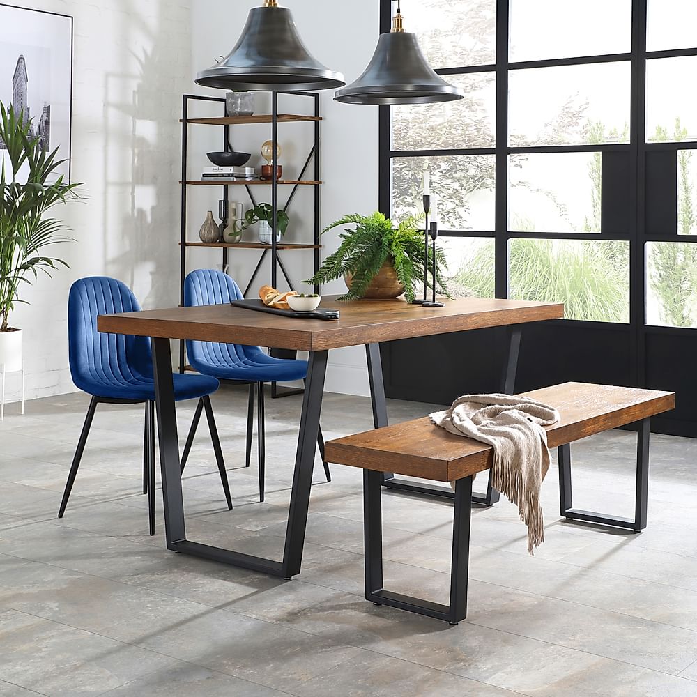 Addison Industrial Dining Table, Bench & 2 Brooklyn Chairs, Dark Oak Veneer & Black Steel, Blue Classic Velvet, 150cm