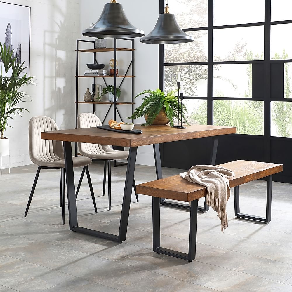 Addison Industrial Dining Table, Bench & 2 Brooklyn Chairs, Dark Oak Veneer & Black Steel, Champagne Classic Velvet, 150cm