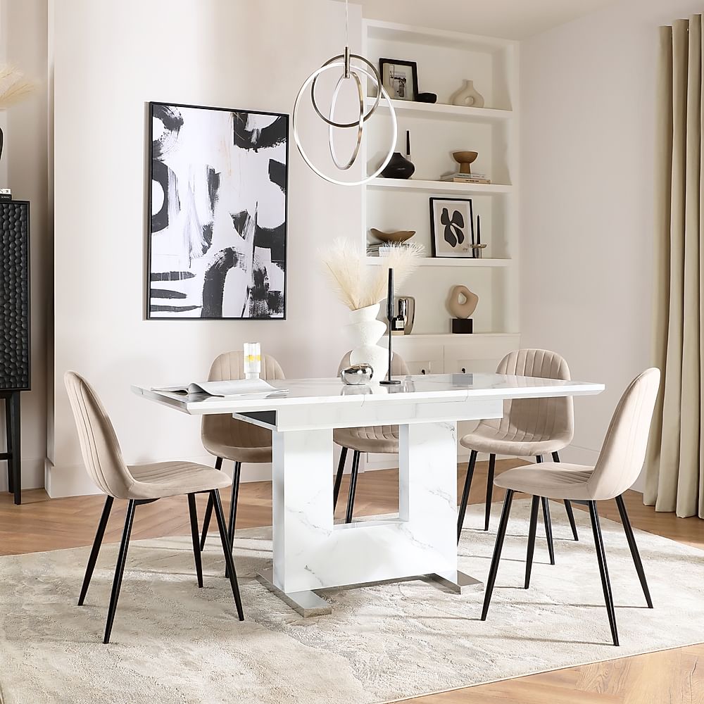 Florence Extending Dining Table & 4 Brooklyn Chairs, White Marble Effect, Champagne Classic Velvet & Black Steel, 120-160cm