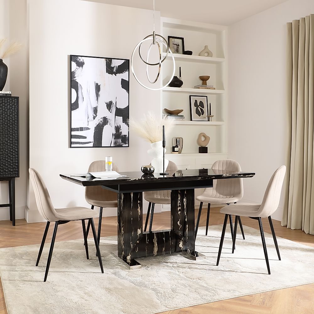 Florence Extending Dining Table & 4 Brooklyn Chairs, Black Marble Effect, Champagne Classic Velvet & Black Steel, 120-160cm