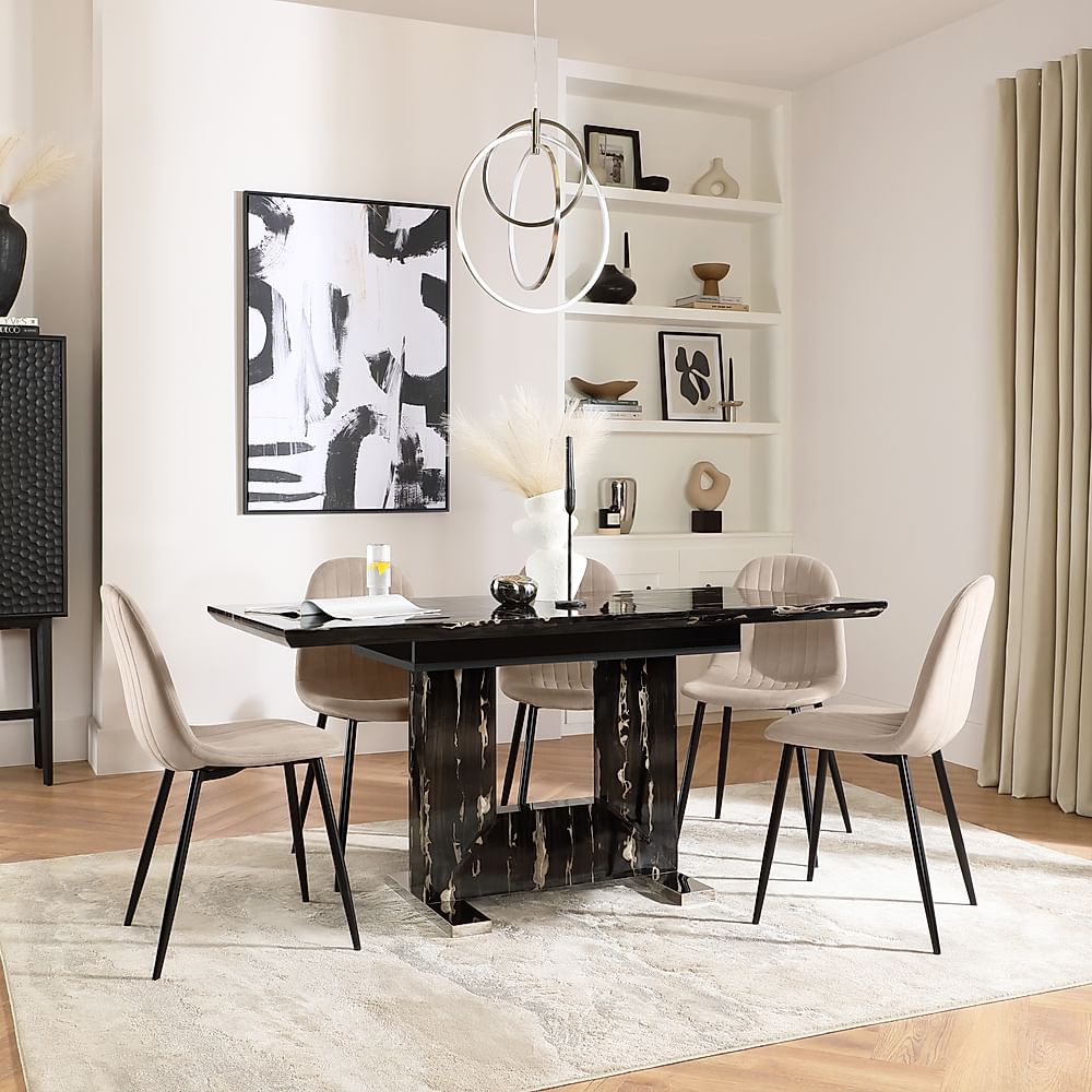 Florence Extending Dining Table & 6 Brooklyn Chairs, Black Marble Effect, Champagne Classic Velvet & Black Steel, 120-160cm