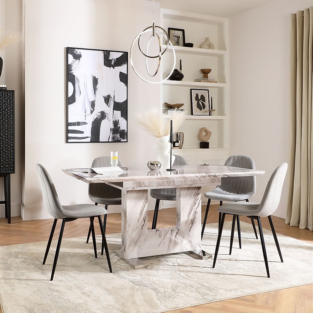 Florence Extending Dining Table & 6 Brooklyn Chairs, Grey Marble Effect, Grey Classic Velvet & Black Steel, 120-160cm