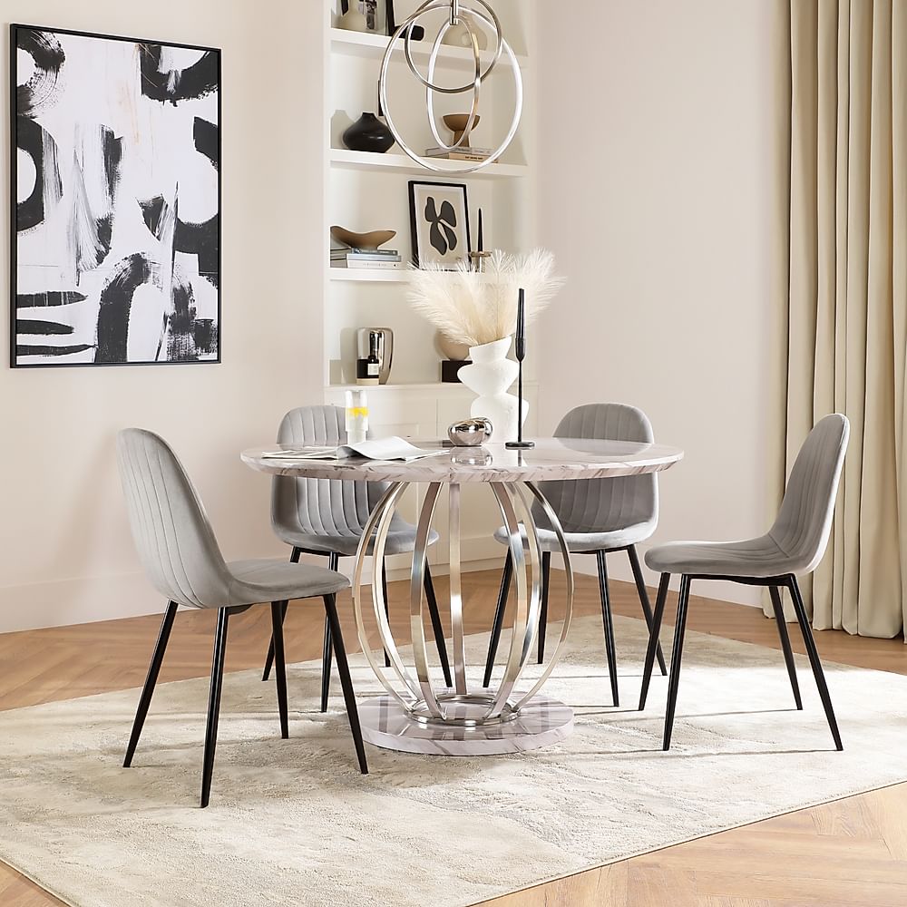 Savoy Round Dining Table & 4 Brooklyn Chairs, Grey Marble Effect & Chrome, Grey Classic Velvet & Black Steel, 120cm
