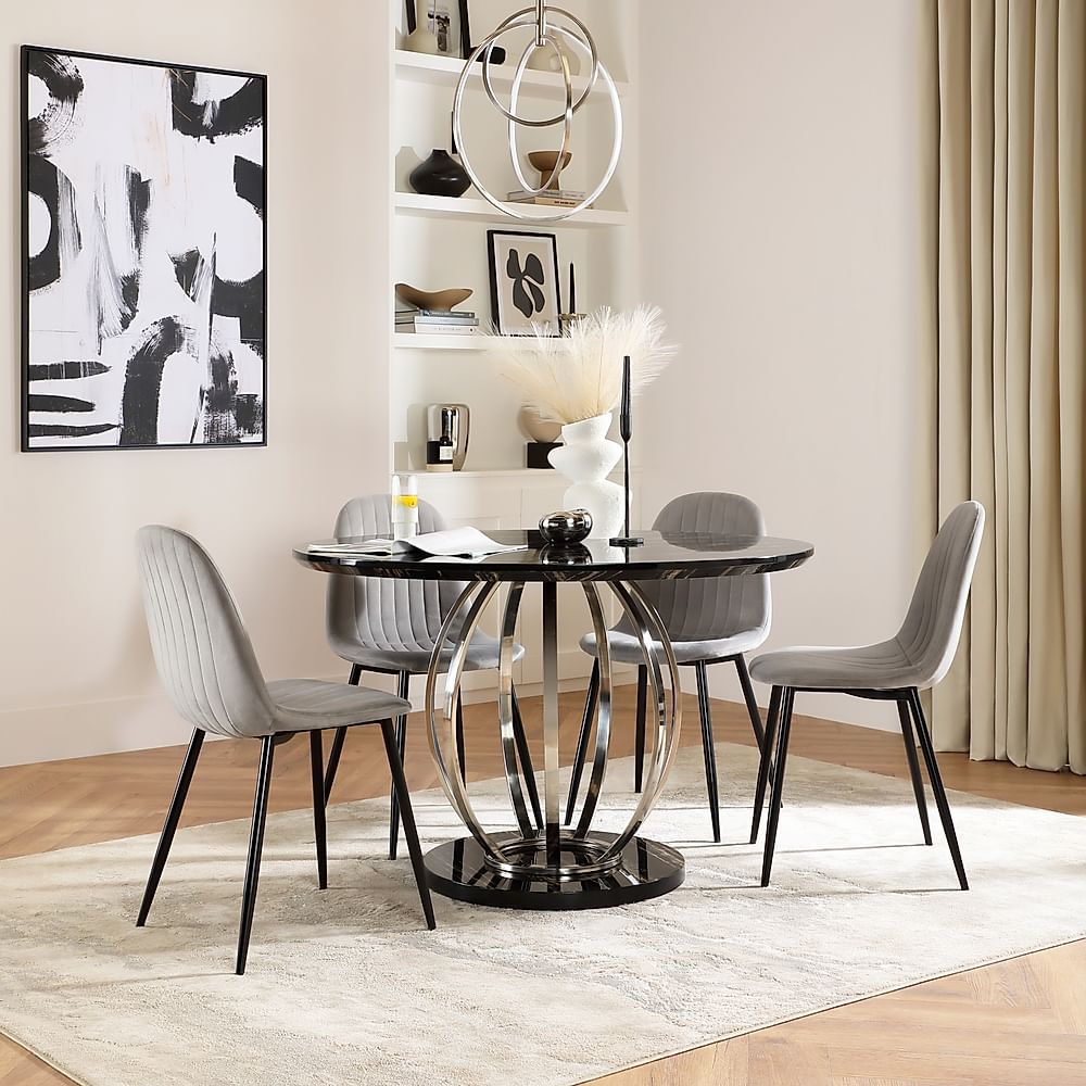 Savoy Round Dining Table & 4 Brooklyn Chairs, Black Marble Effect & Chrome, Grey Classic Velvet & Black Steel, 120cm