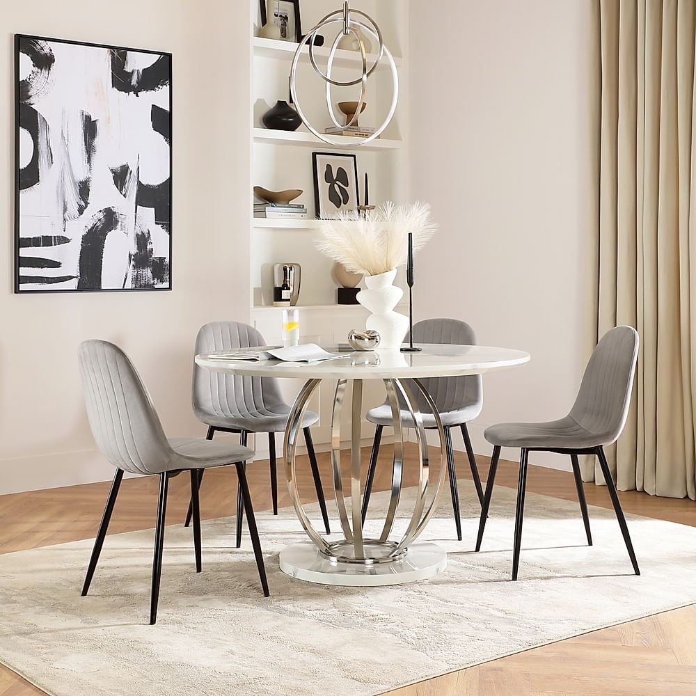 Savoy Round Dining Table & 4 Brooklyn Chairs, White Marble Effect & Chrome, Grey Classic Velvet & Black Steel, 120cm