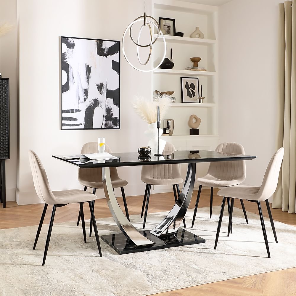 Peake Dining Table & 4 Brooklyn Chairs, Black Marble Effect & Chrome, Champagne Classic Velvet & Black Steel, 160cm