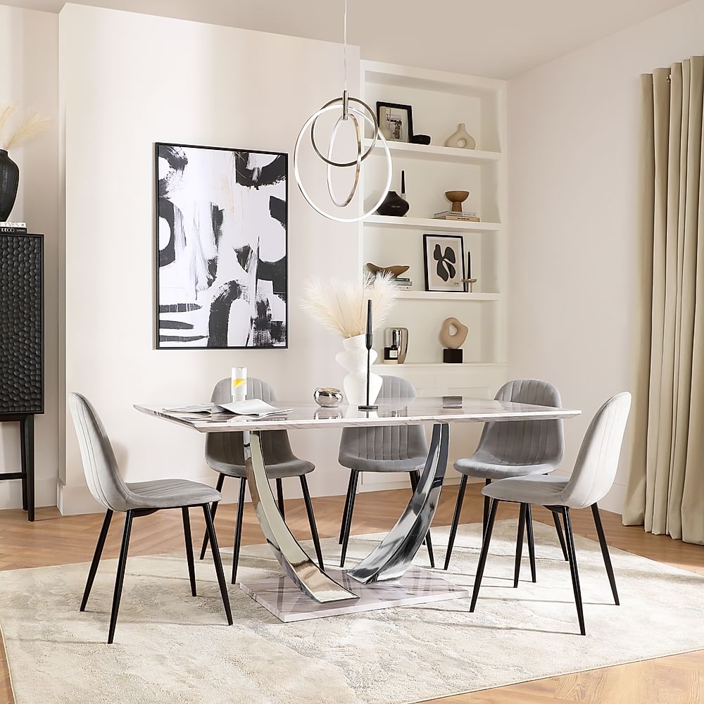 Peake Dining Table & 6 Brooklyn Chairs, Grey Marble Effect & Chrome, Grey Classic Velvet & Black Steel, 160cm