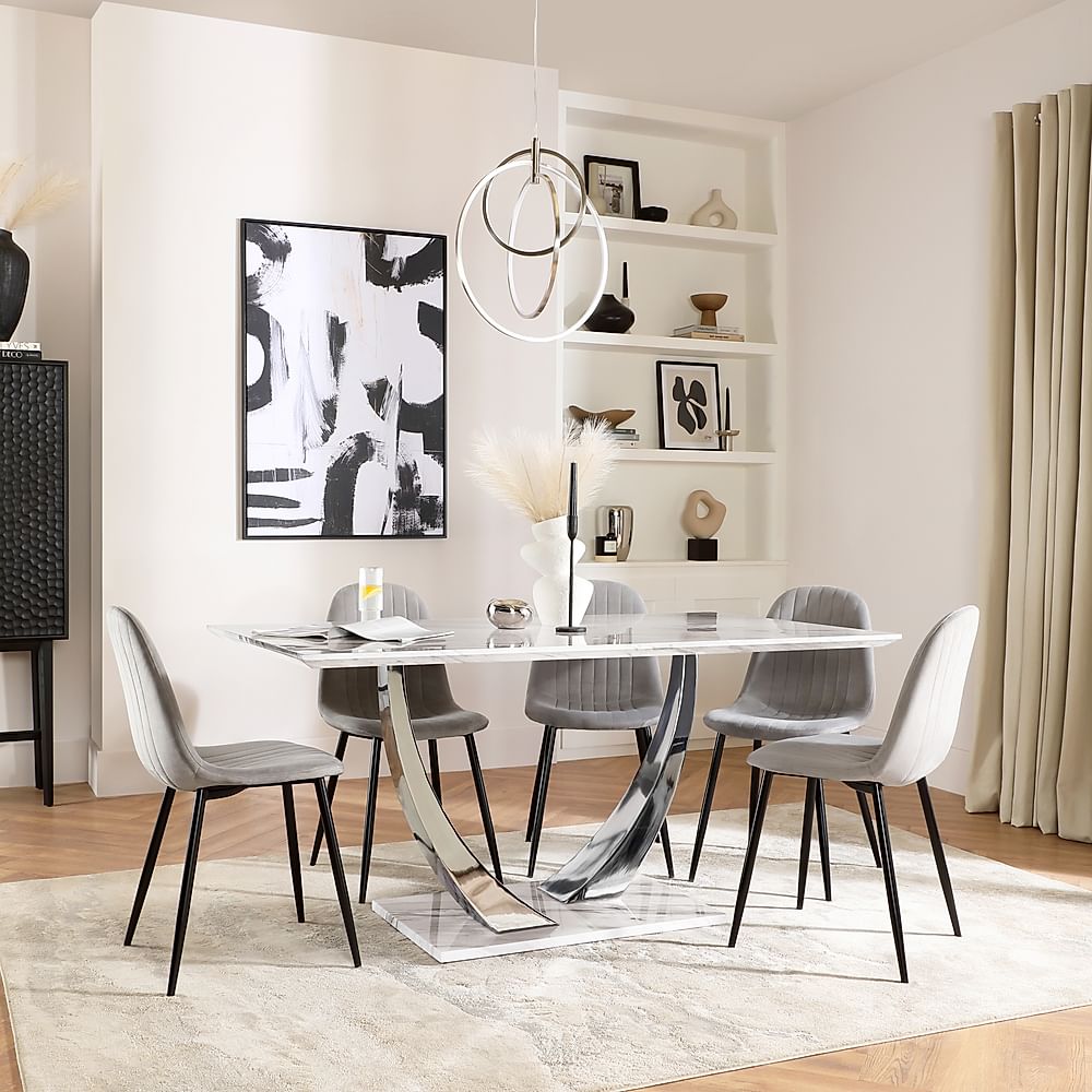Peake Dining Table & 6 Brooklyn Chairs, White Marble Effect & Chrome, Grey Classic Velvet & Black Steel, 160cm