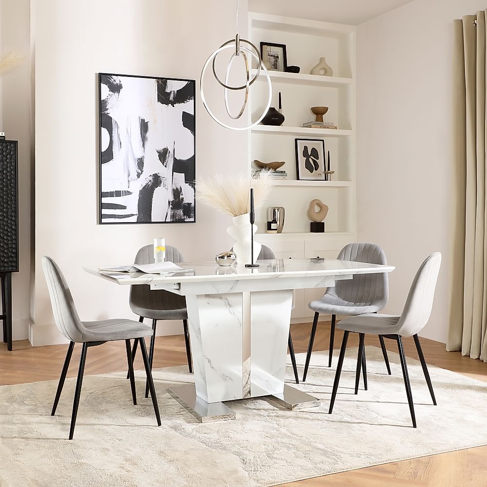 Vienna Extending Dining Table & 4 Brooklyn Chairs, White Marble Effect, Grey Classic Velvet & Black Steel, 120-160cm
