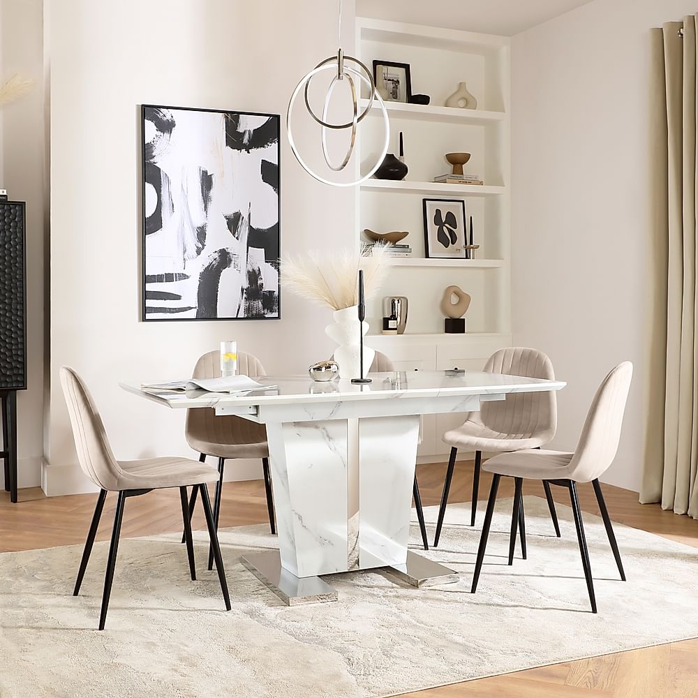 Vienna Extending Dining Table & 4 Brooklyn Chairs, White Marble Effect, Champagne Classic Velvet & Black Steel, 120-160cm