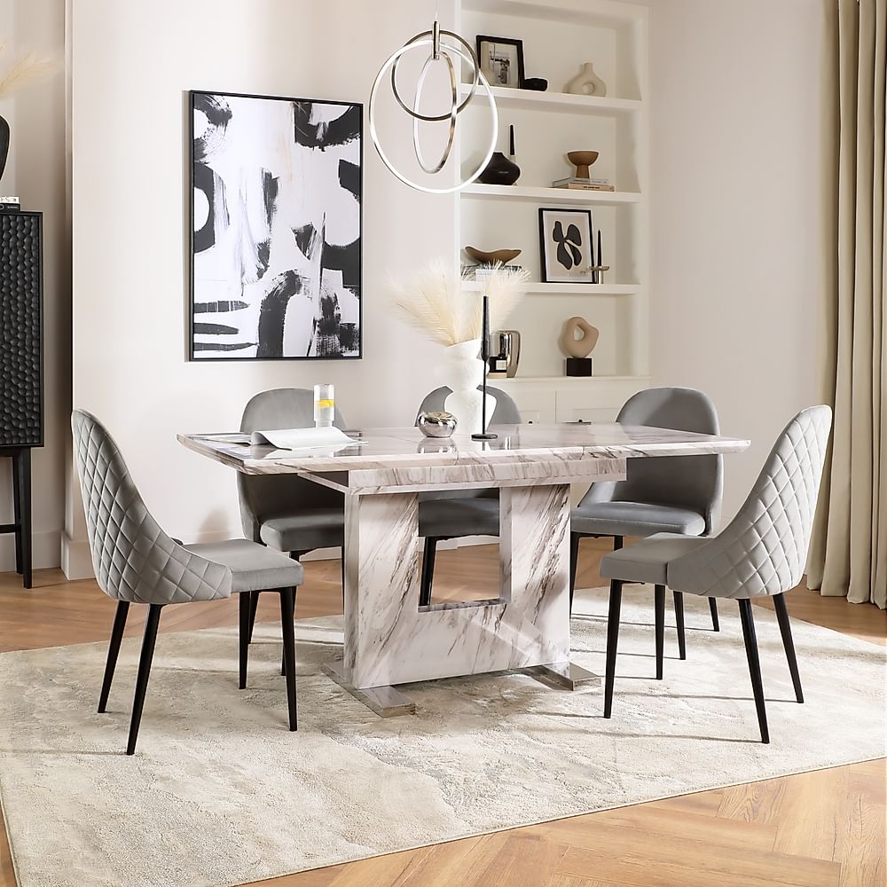Florence Extending Dining Table & 6 Ricco Chairs, Grey Marble Effect, Grey Classic Velvet & Black Steel, 120-160cm