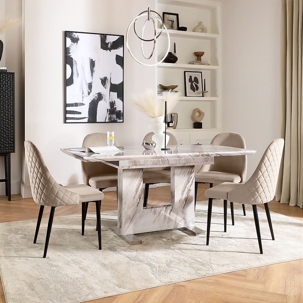 Florence Extending Dining Table & 4 Ricco Chairs, Grey Marble Effect, Champagne Classic Velvet & Black Steel, 120-160cm