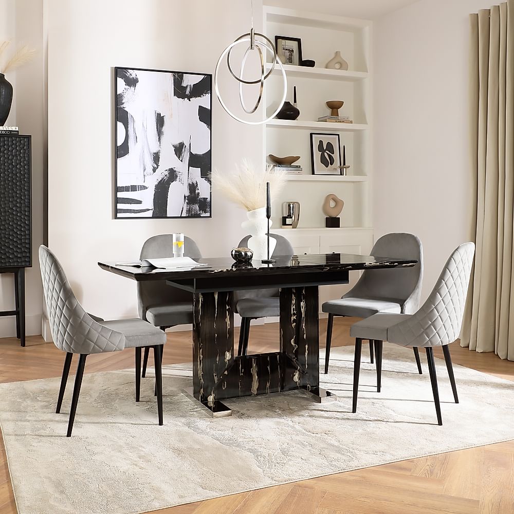 Florence Extending Dining Table & 6 Ricco Chairs, Black Marble Effect, Grey Classic Velvet & Black Steel, 120-160cm