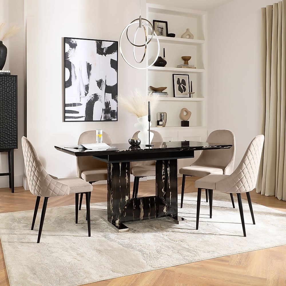 Florence Extending Dining Table & 6 Ricco Chairs, Black Marble Effect, Champagne Classic Velvet & Black Steel, 120-160cm