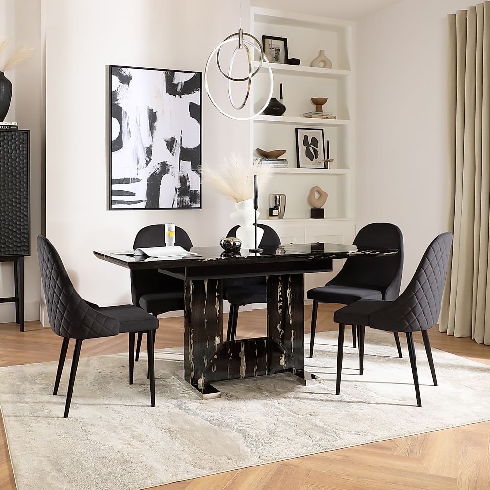 Florence Extending Dining Table & 6 Ricco Chairs, Black Marble Effect, Black Classic Velvet & Black Steel, 120-160cm