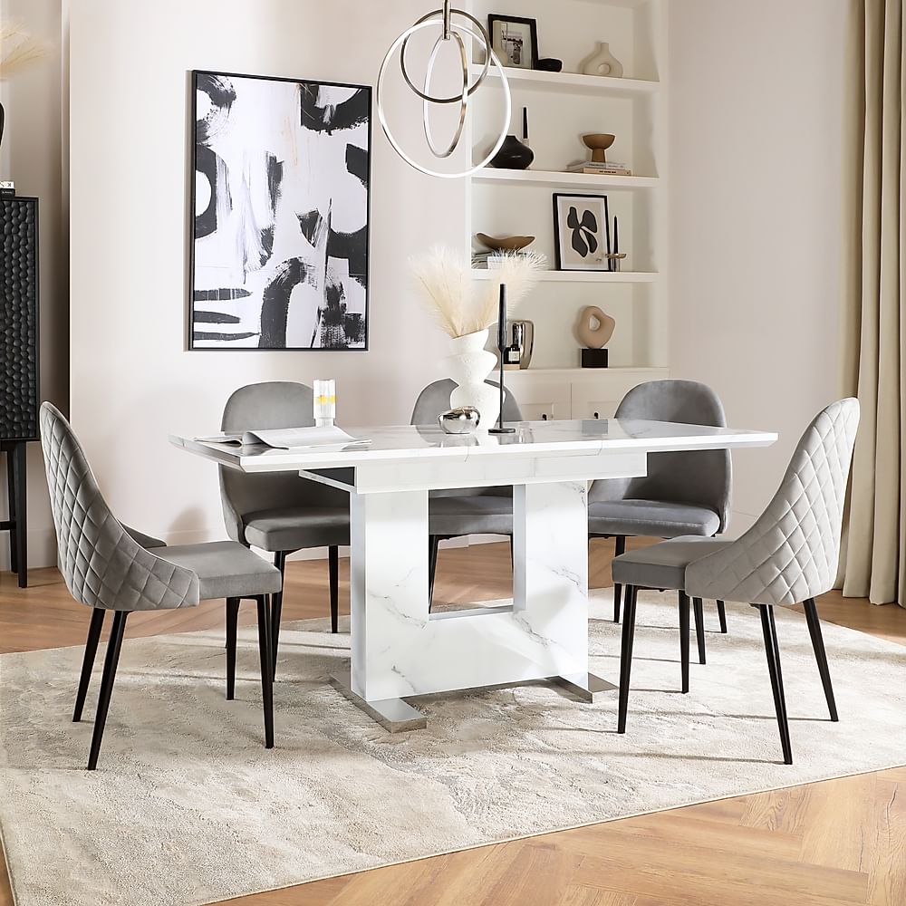 Florence Extending Dining Table & 4 Ricco Chairs, White Marble Effect, Grey Classic Velvet & Black Steel, 120-160cm