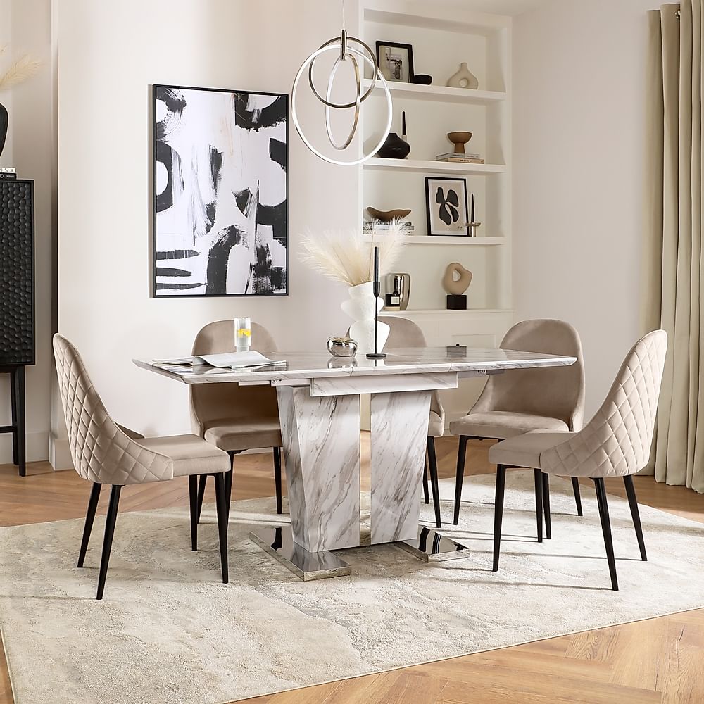 Vienna Extending Dining Table & 6 Ricco Chairs, Grey Marble Effect, Champagne Classic Velvet & Black Steel, 120-160cm