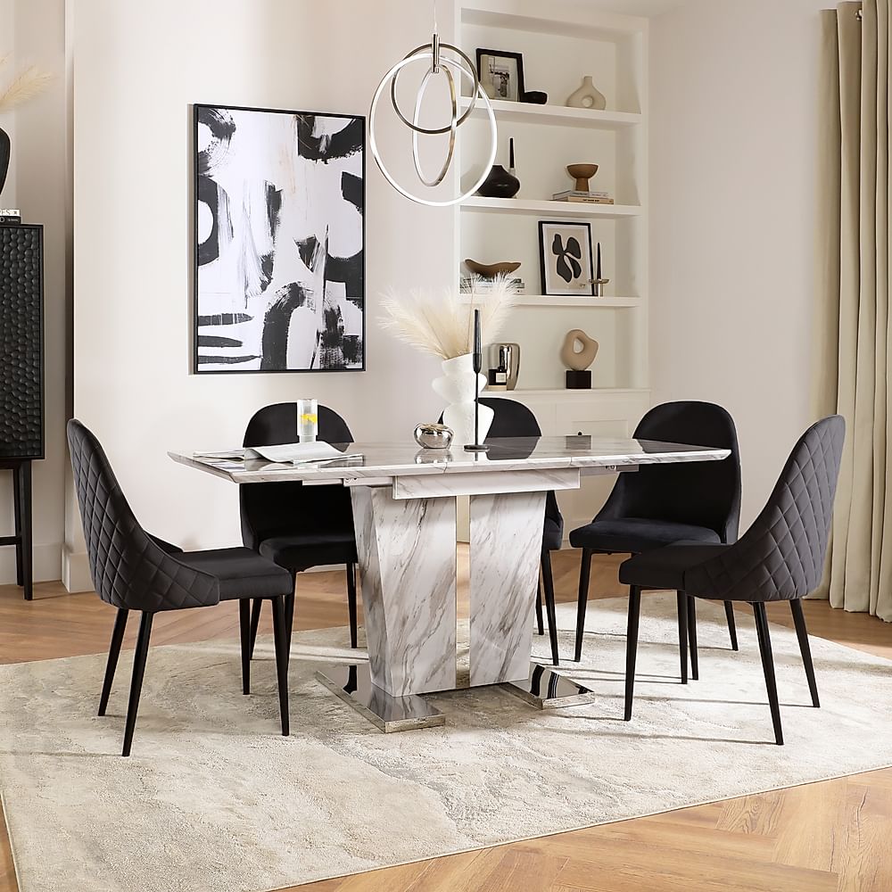 Vienna Extending Dining Table & 4 Ricco Chairs, Grey Marble Effect, Black Classic Velvet & Black Steel, 120-160cm