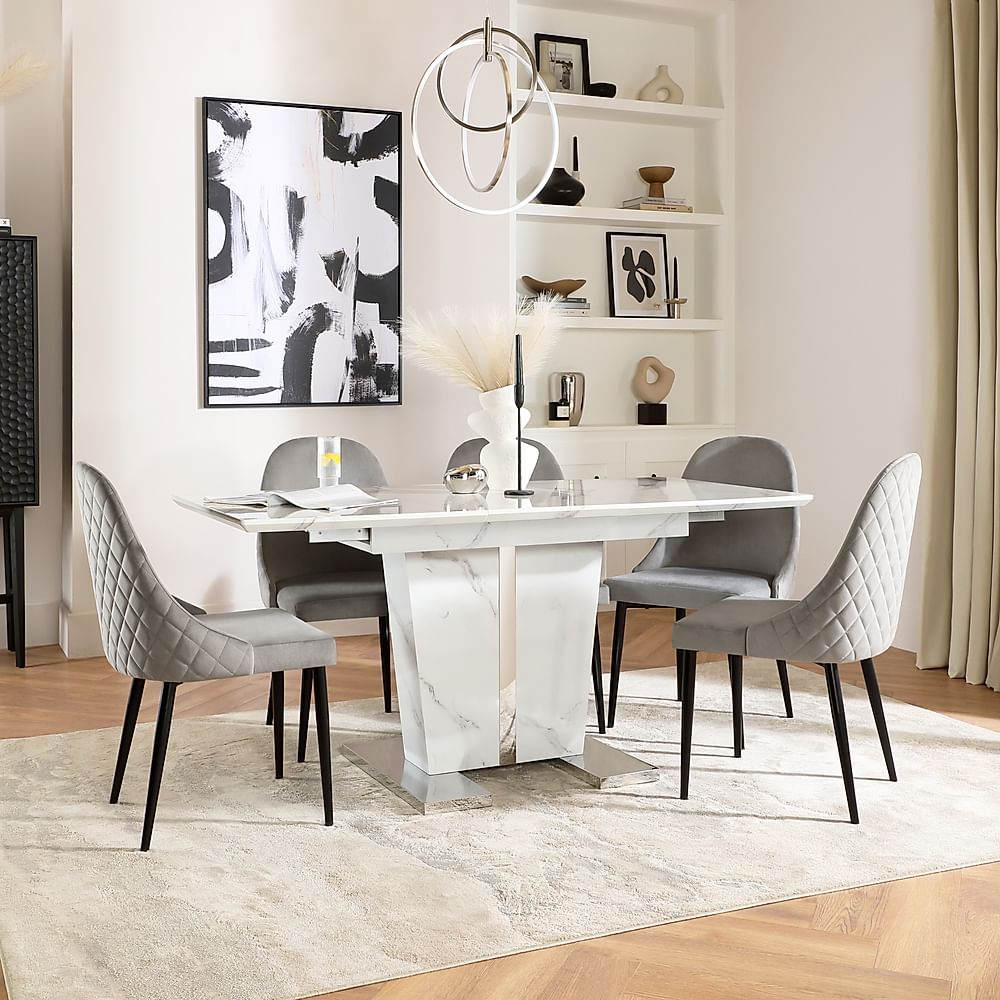 Vienna Extending Dining Table & 4 Ricco Chairs, White Marble Effect, Grey Classic Velvet & Black Steel, 120-160cm