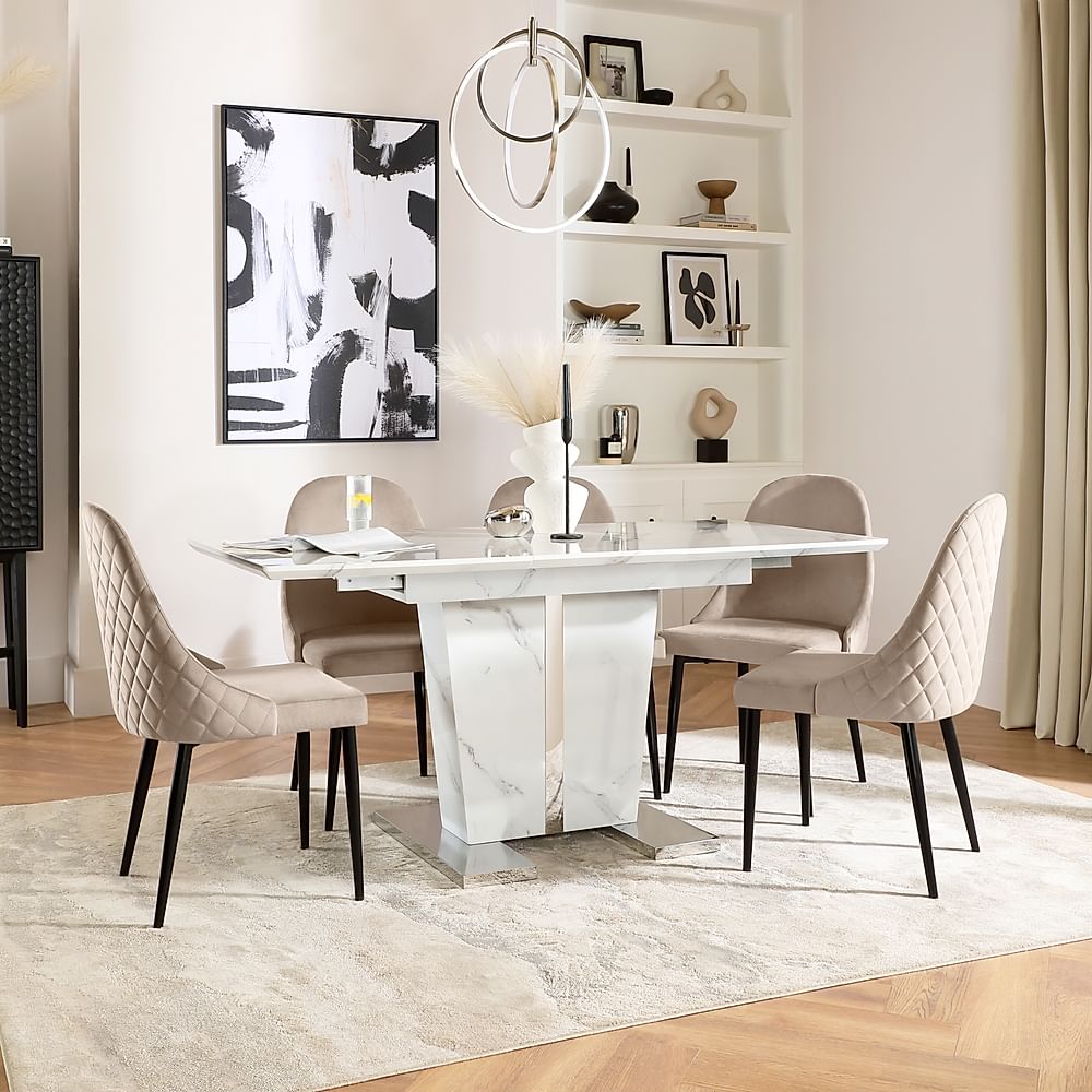 Vienna Extending Dining Table & 6 Ricco Chairs, White Marble Effect, Champagne Classic Velvet & Black Steel, 120-160cm