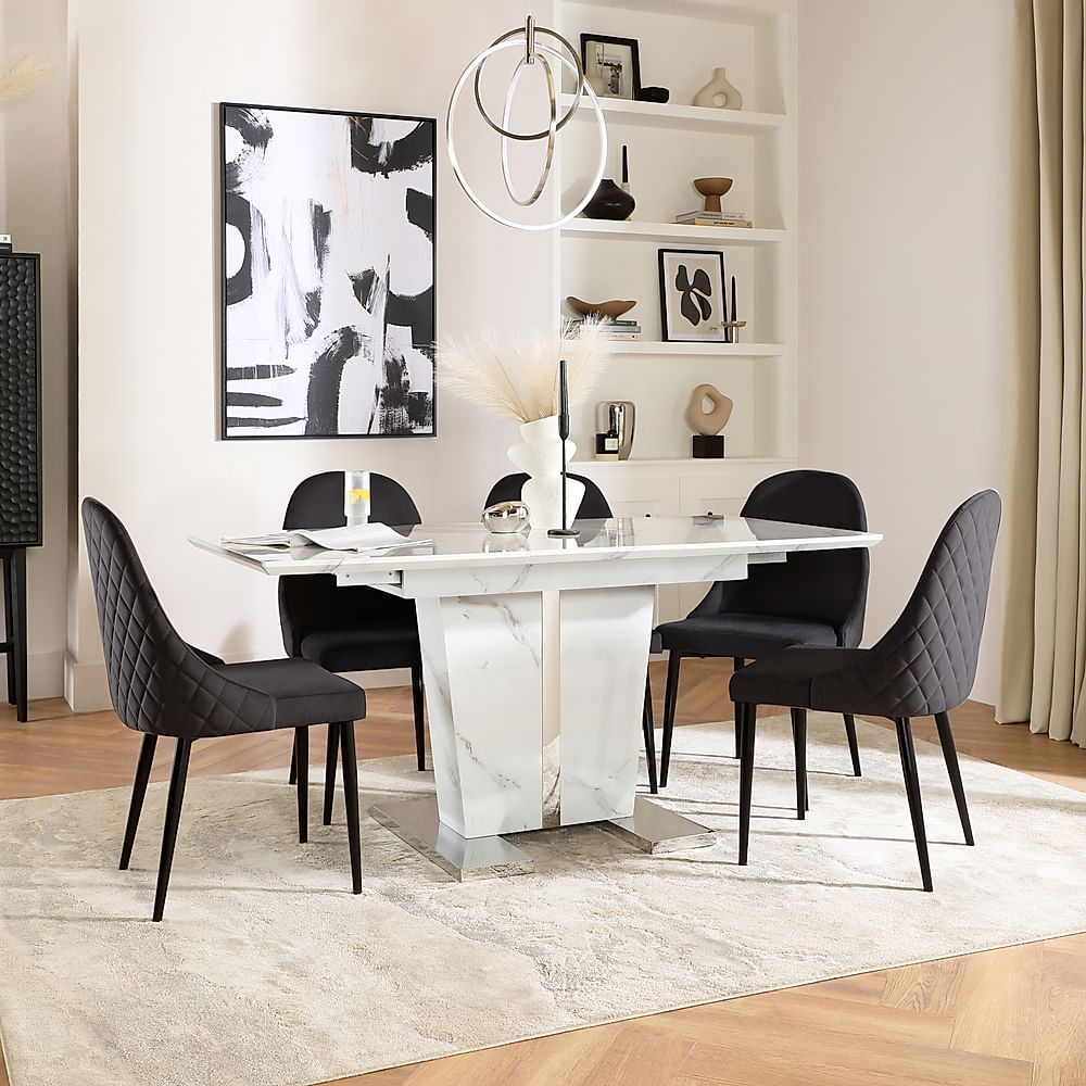 Vienna Extending Dining Table & 4 Ricco Chairs, White Marble Effect, Black Classic Velvet & Black Steel, 120-160cm