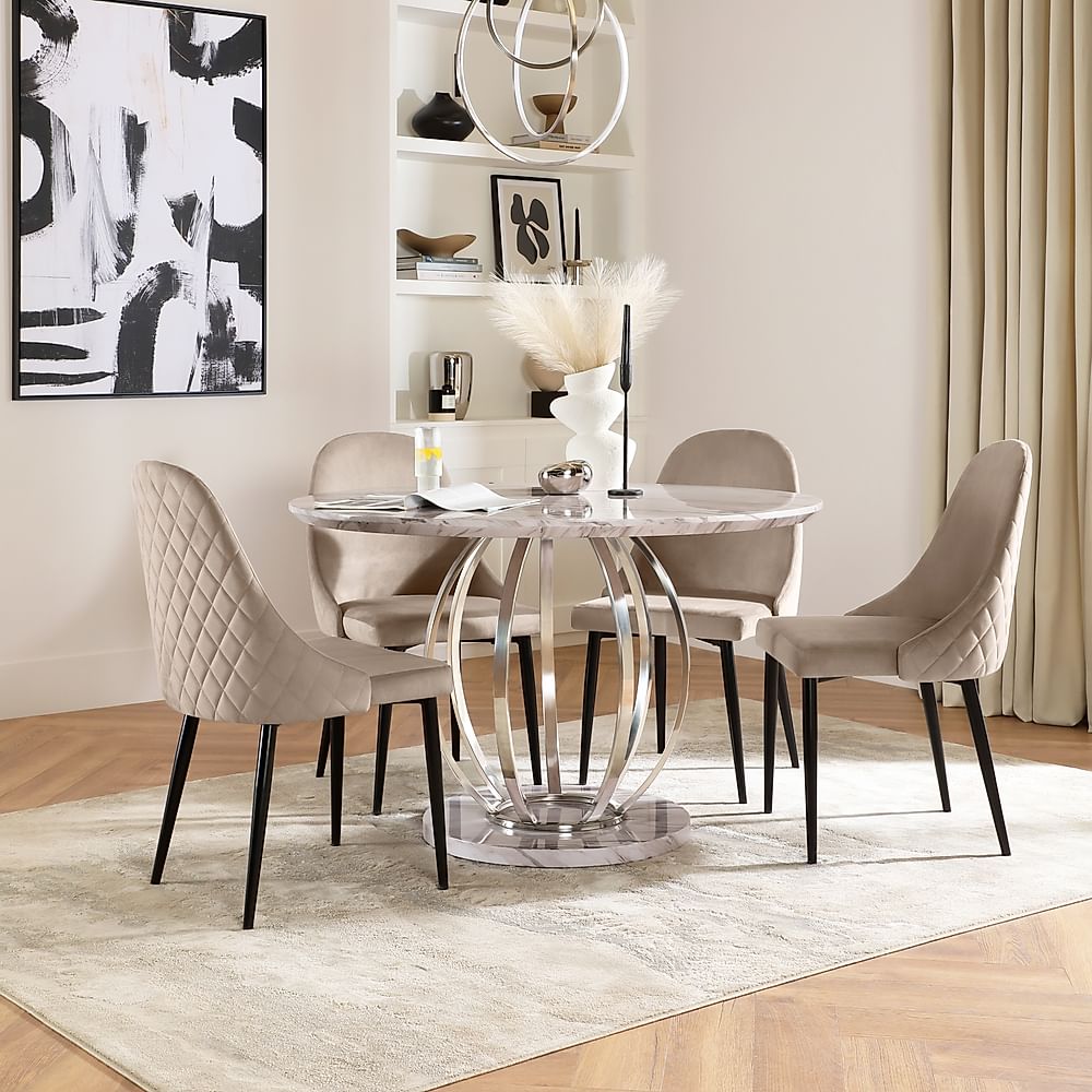 Savoy Round Dining Table & 4 Ricco Chairs, Grey Marble Effect & Chrome, Champagne Classic Velvet & Black Steel, 120cm