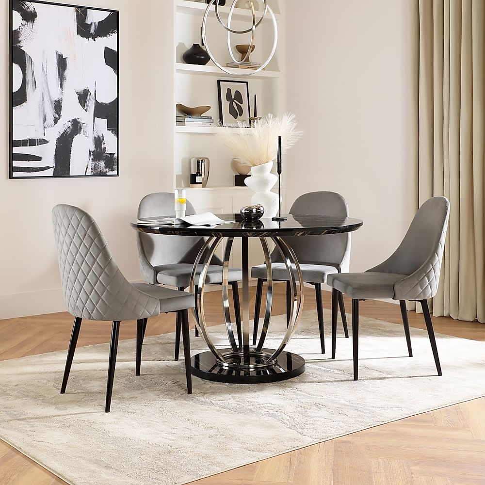 Savoy Round Dining Table & 4 Ricco Chairs, Black Marble Effect & Chrome, Grey Classic Velvet & Black Steel, 120cm