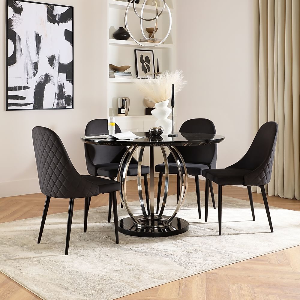 Savoy Round Dining Table & 4 Ricco Chairs, Black Marble Effect & Chrome, Black Classic Velvet & Black Steel, 120cm