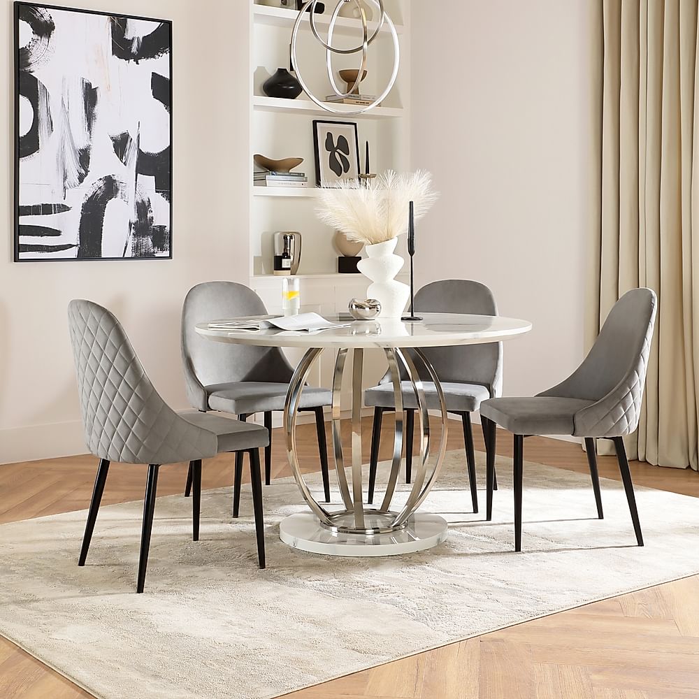 Savoy Round Dining Table & 4 Ricco Chairs, White Marble Effect & Chrome, Grey Classic Velvet & Black Steel, 120cm