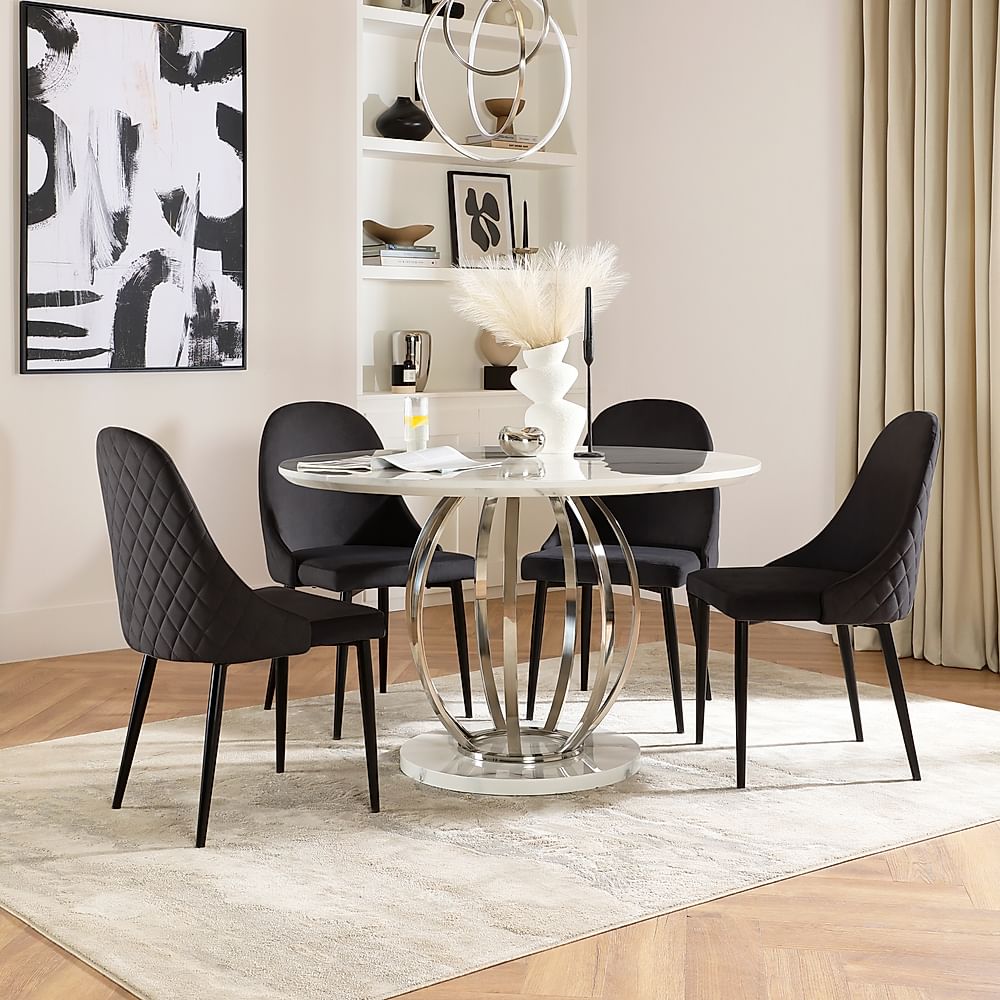 Savoy Round Dining Table & 4 Ricco Chairs, White Marble Effect & Chrome, Black Classic Velvet & Black Steel, 120cm