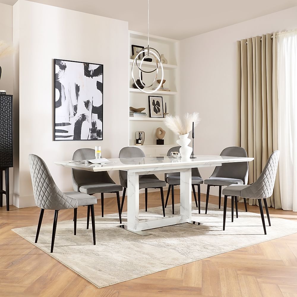 Tokyo Extending Dining Table & 4 Ricco Chairs, White Marble Effect, Grey Classic Velvet & Black Steel, 160-220cm