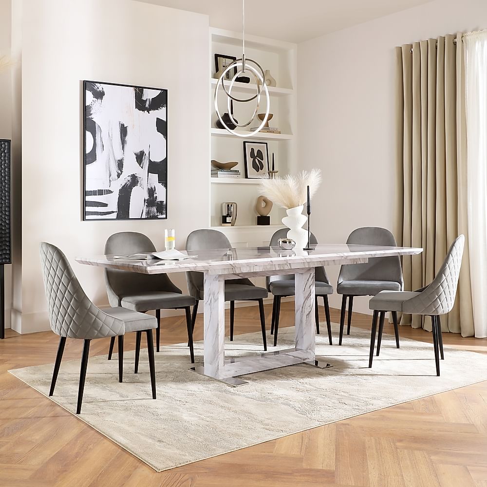Tokyo Extending Dining Table & 4 Ricco Chairs, Grey Marble Effect, Grey Classic Velvet & Black Steel, 160-220cm