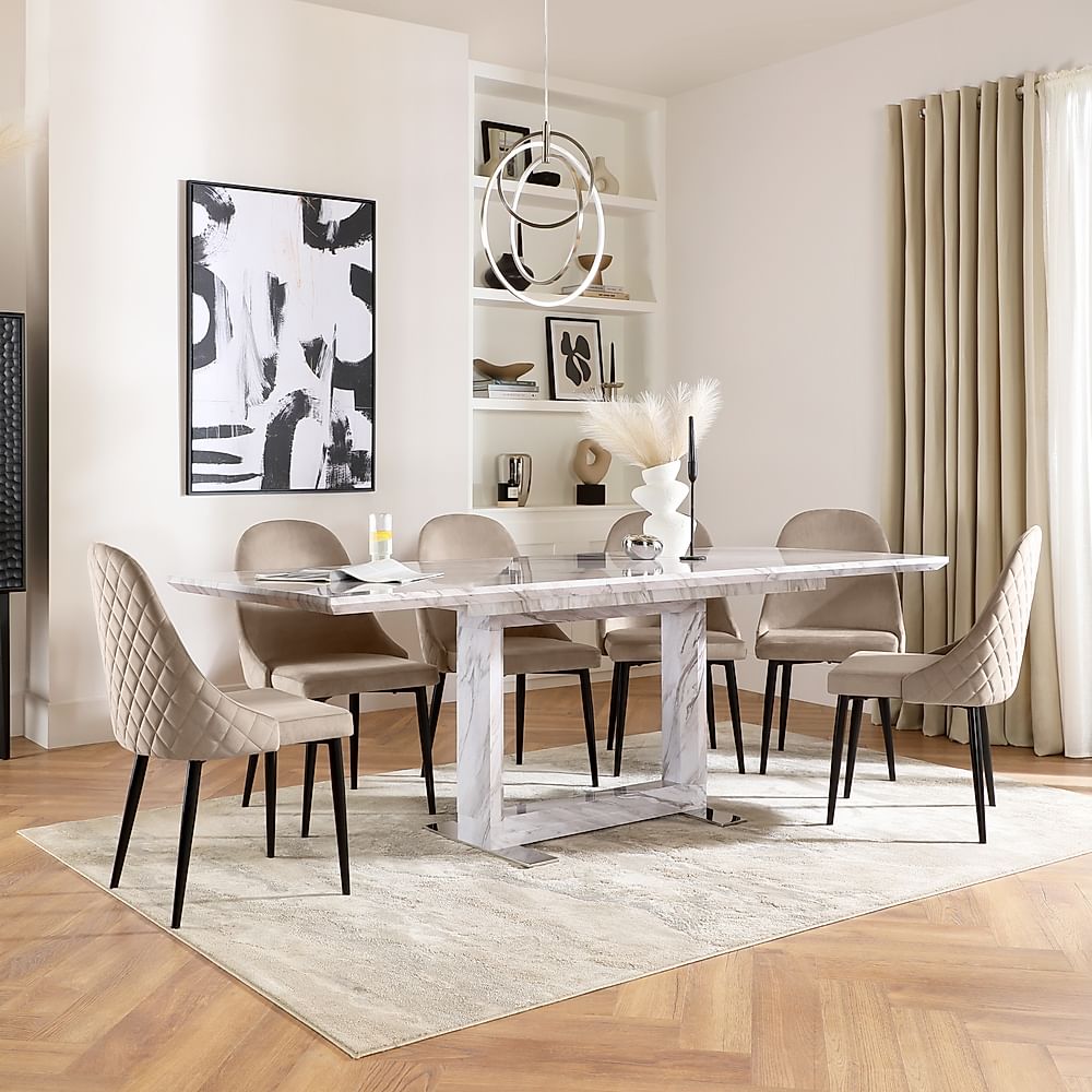 Tokyo Extending Dining Table & 8 Ricco Chairs, Grey Marble Effect, Champagne Classic Velvet & Black Steel, 160-220cm