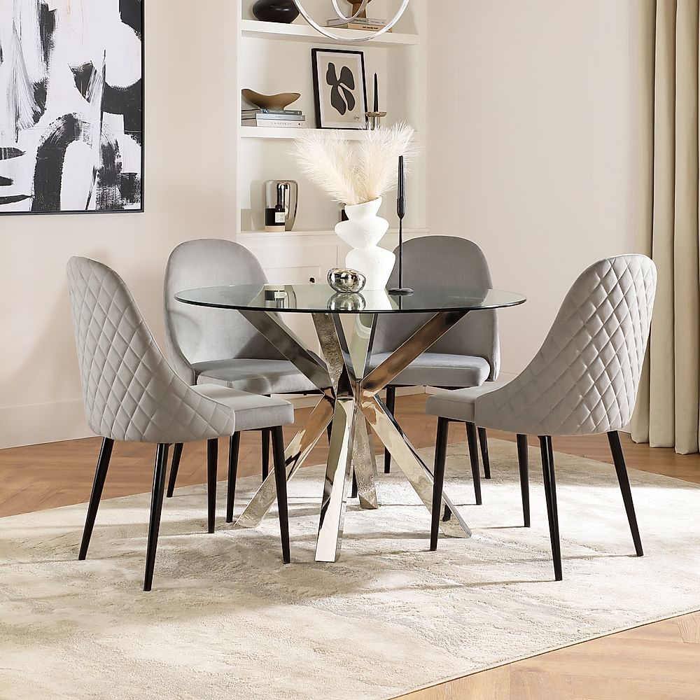 Plaza Round Dining Table & 4 Ricco Chairs, Glass & Chrome, Grey Classic Velvet & Black Steel, 110cm