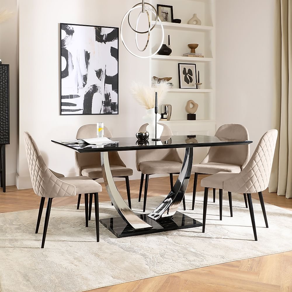 Peake Dining Table & 4 Ricco Chairs, Black Marble Effect & Chrome, Champagne Classic Velvet & Black Steel, 160cm
