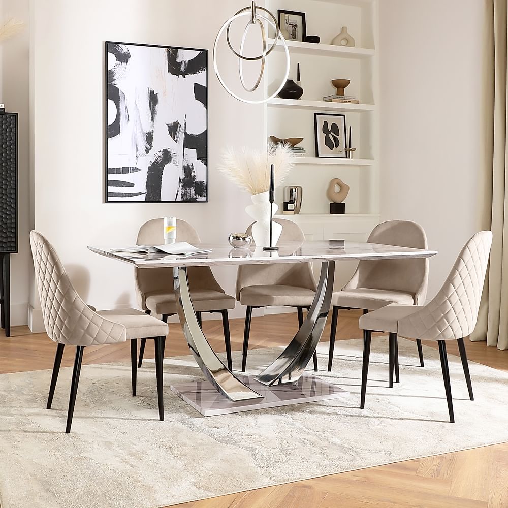 Peake Dining Table & 6 Ricco Chairs, Grey Marble Effect & Chrome, Champagne Classic Velvet & Black Steel, 160cm