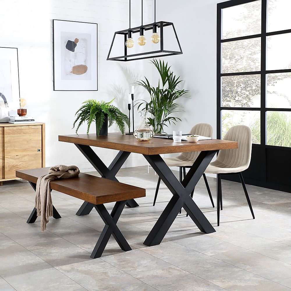 Franklin Industrial Dining Table, Bench & 2 Brooklyn Chairs, Dark Oak Veneer & Black Steel, Ivory Classic Plush Fabric, 150cm
