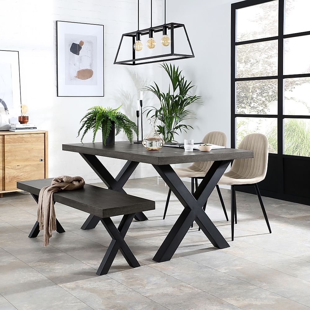 Franklin Dining Table, Bench & 2 Brooklyn Chairs, Grey Oak Veneer & Black Steel, Ivory Classic Plush Fabric, 150cm