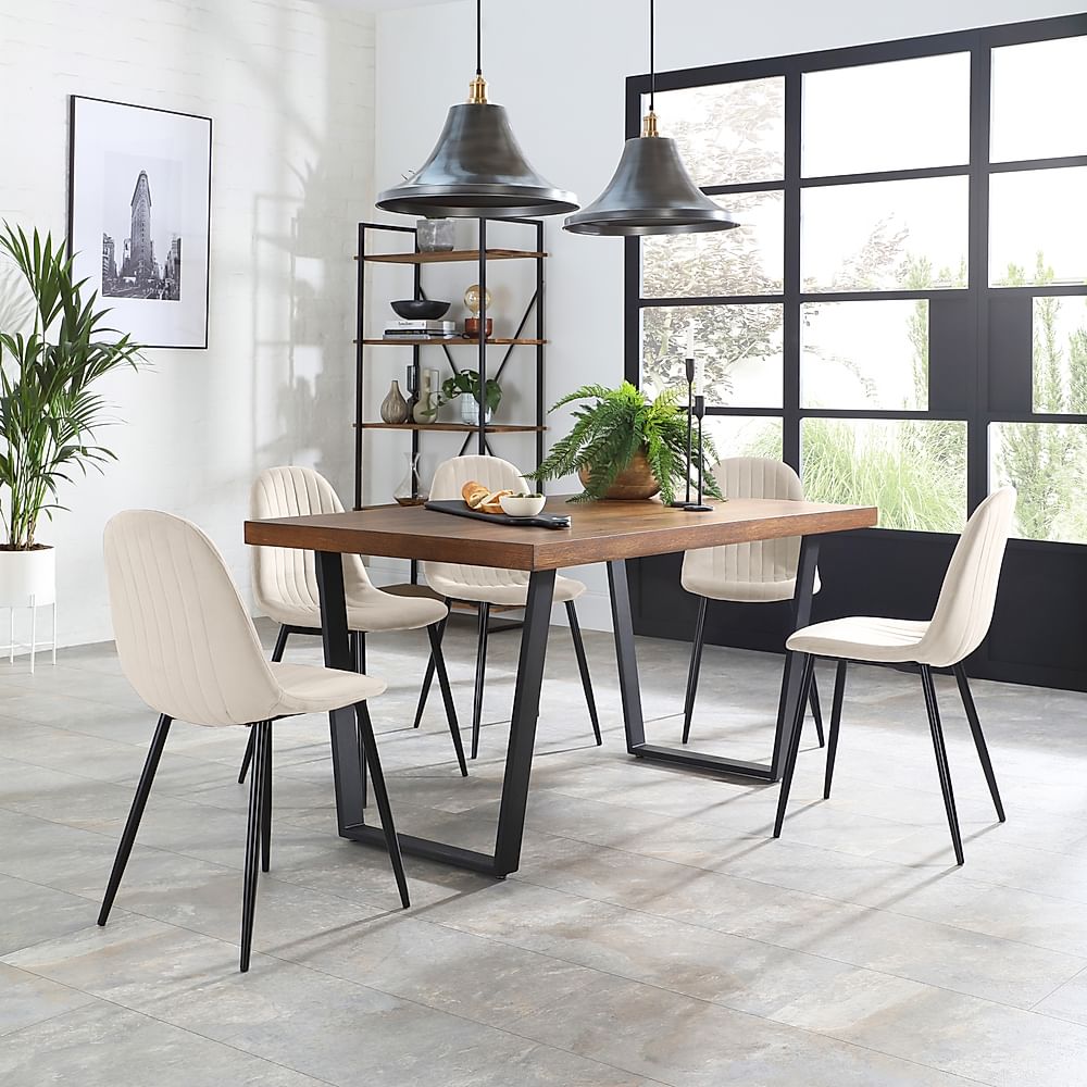 Addison Industrial Dining Table & 4 Brooklyn Chairs, Dark Oak Veneer & Black Steel, Ivory Classic Plush Fabric, 150cm