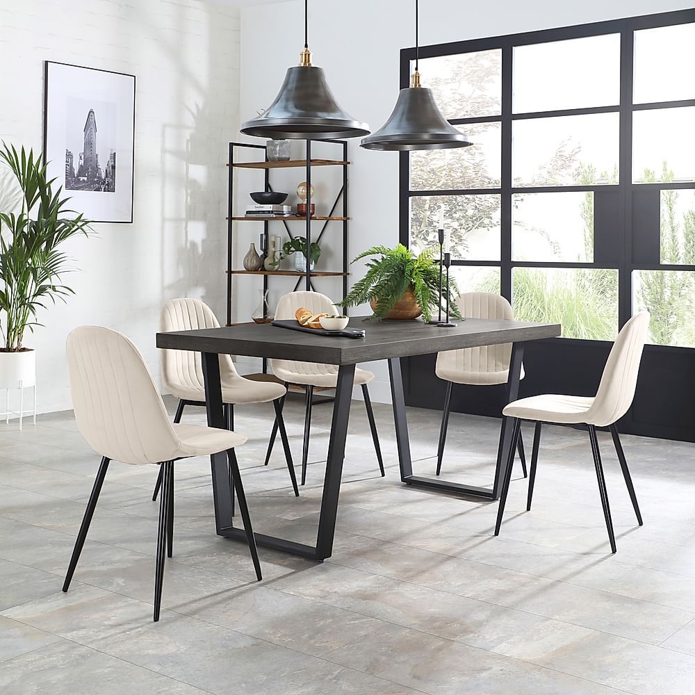 Addison Dining Table & 4 Brooklyn Chairs, Grey Oak Veneer & Black Steel, Ivory Classic Plush Fabric, 150cm