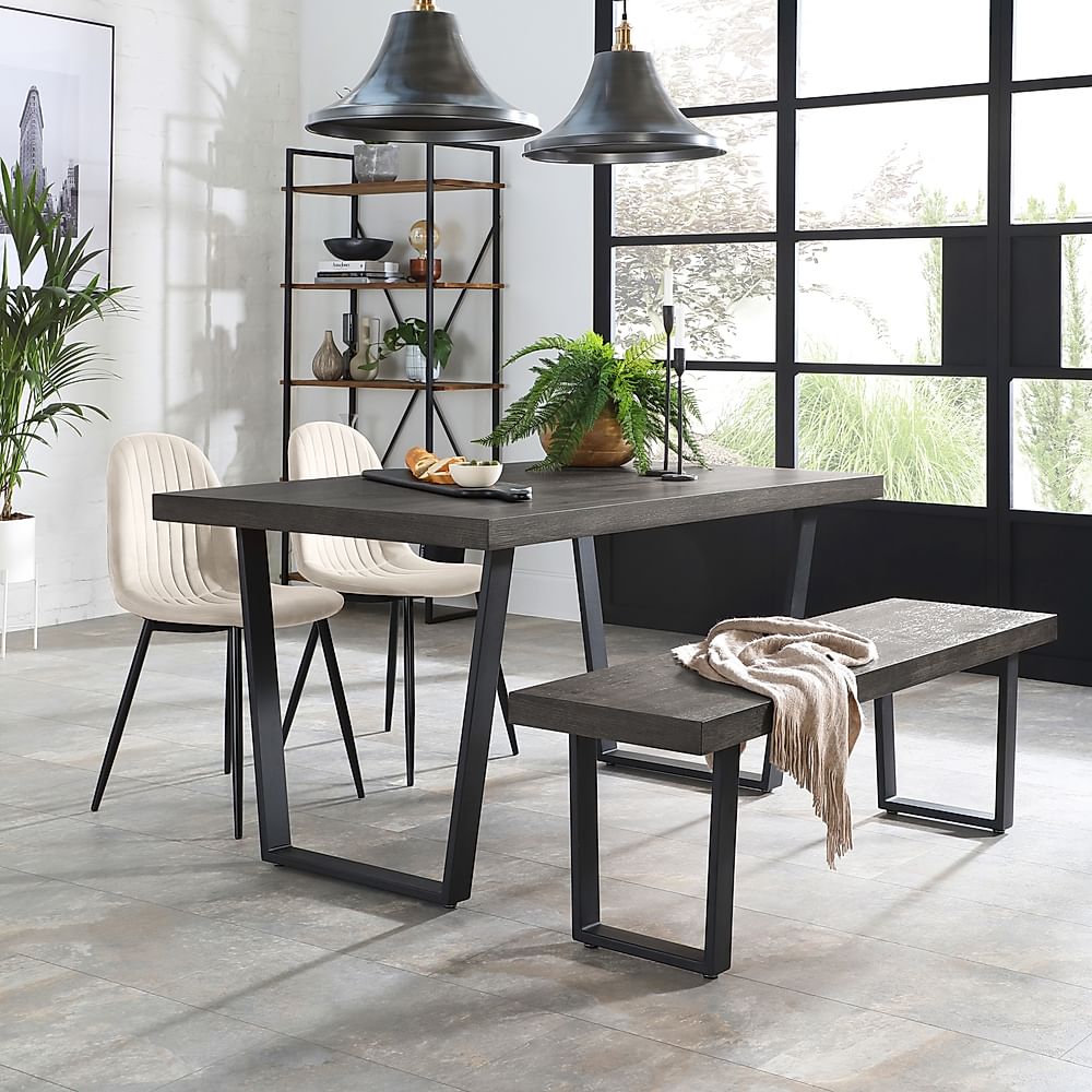 Addison Industrial Dining Table, Bench & 2 Brooklyn Chairs, Grey Oak Veneer & Black Steel, Ivory Classic Plush Fabric, 150cm