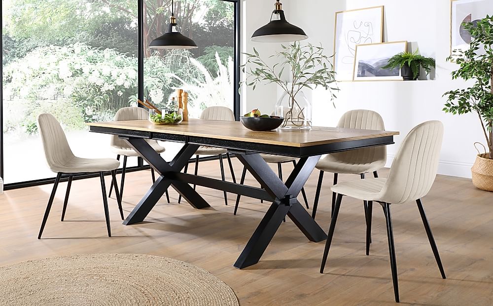 Grange Extending Dining Table & 6 Brooklyn Chairs, Natural Oak Veneer & Black Solid Hardwood, Ivory Classic Plush Fabric & Black Steel, 180-220cm