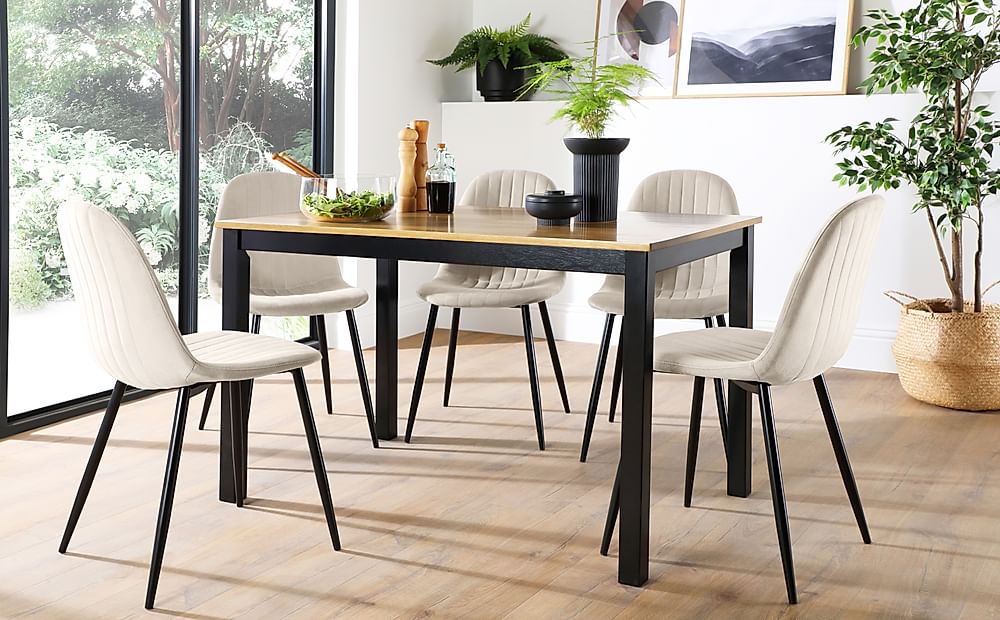Milton Dining Table & 4 Brooklyn Chairs, Natural Oak Finish & Black Solid Hardwood, Ivory Classic Plush Fabric & Black Steel, 120cm