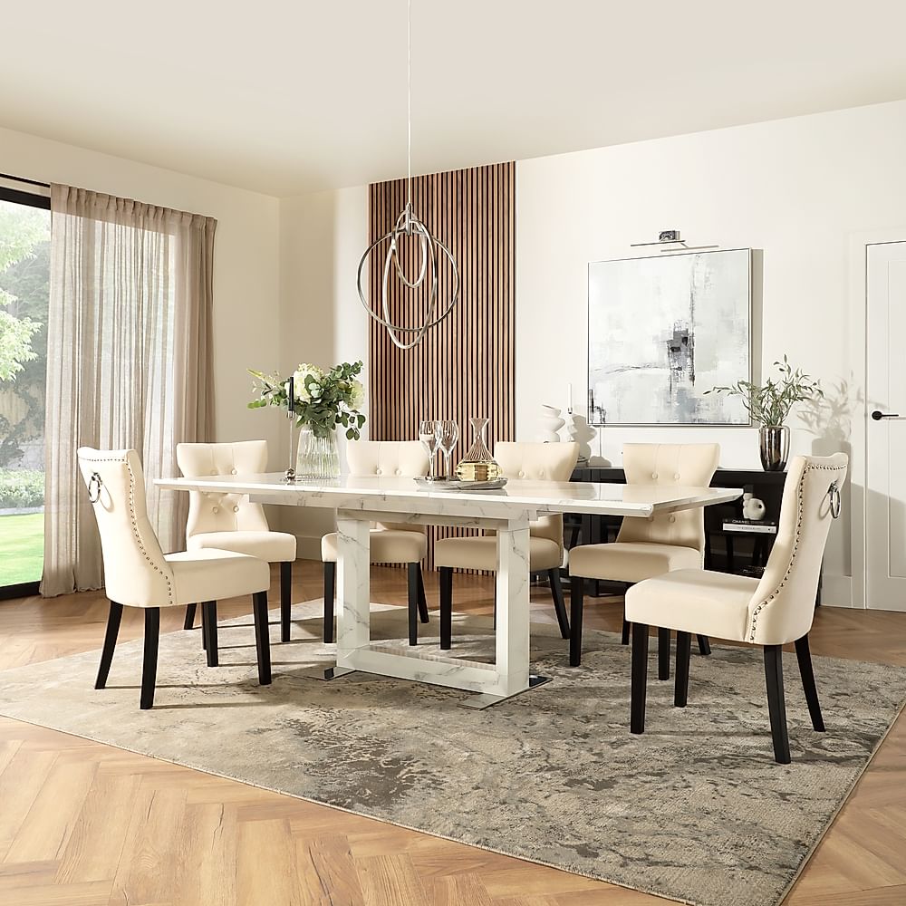 Tokyo Extending Dining Table & 8 Kensington Chairs, White Marble Effect, Ivory Classic Plush Fabric & Black Solid Hardwood, 160-220cm