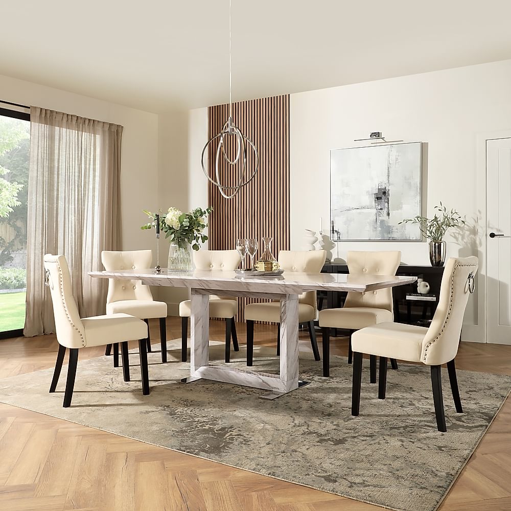 Tokyo Extending Dining Table & 4 Kensington Chairs, Grey Marble Effect, Ivory Classic Plush Fabric & Black Solid Hardwood, 160-220cm