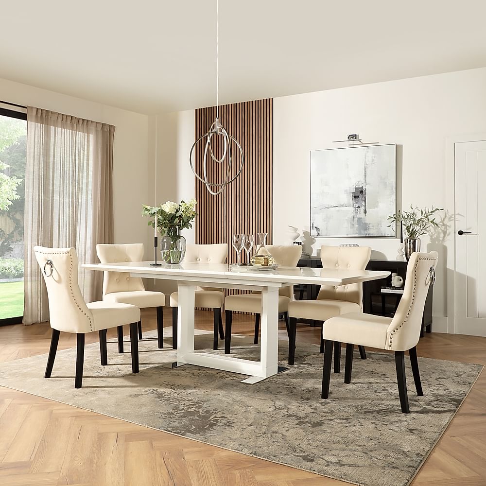 Tokyo Extending Dining Table & 4 Kensington Chairs, White High Gloss, Ivory Classic Plush Fabric & Black Solid Hardwood, 160-220cm