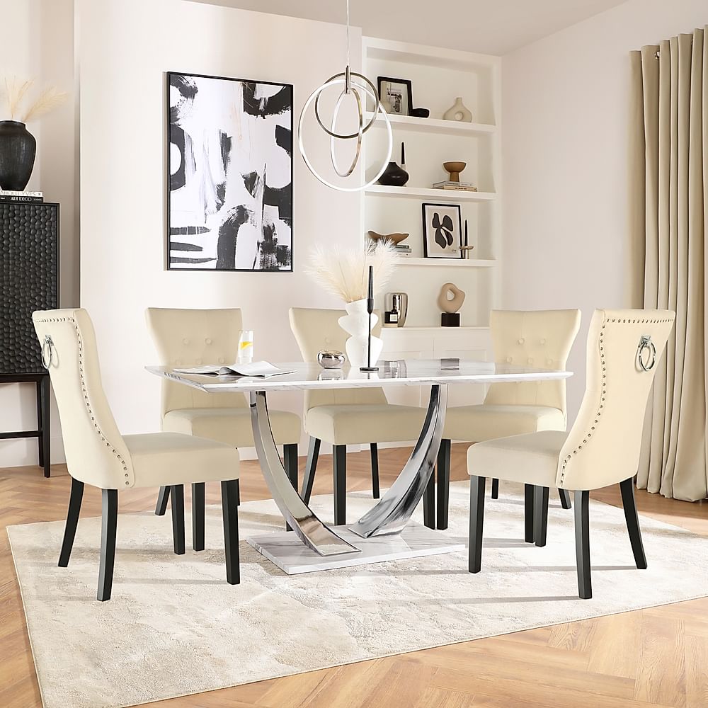 Peake Dining Table & 6 Kensington Chairs, White High Gloss & Chrome, Ivory Classic Plush Fabric & Black Solid Hardwood, 160cm